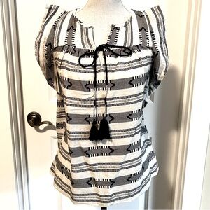 Loft Peasant Blouse in Black White with silver accents threads on tassels